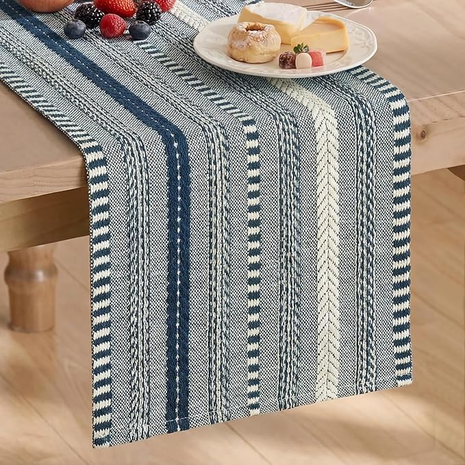 Artoid Mode Dark Blue Farmhouse Stripe Braided Table Runner 12x108 Inch | by ArtoidMode