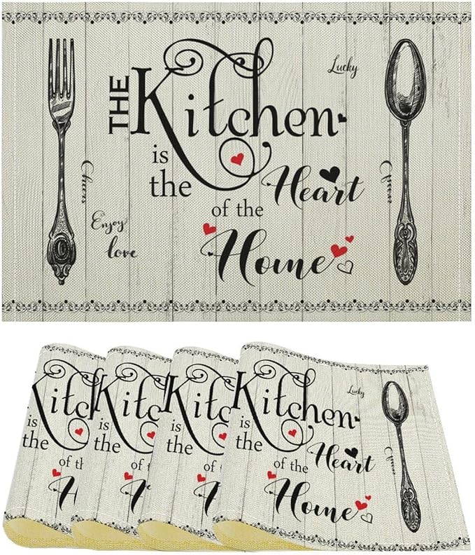 Retro Farmhouse Placemat Set, Minimal Black White Rustic Plank Art Sketch Cutlery Knife Fork Inspirational Quotes Pattern Home Decor Linen Table Mats for Dining Room Kitchen Party (17x12in) x4P