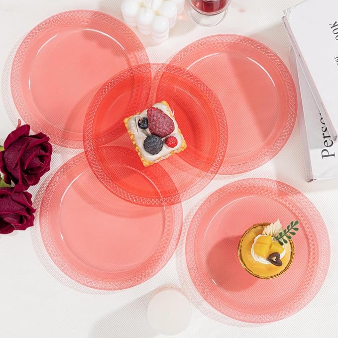 WELLIFE Neon Red Party Plates 9 Inch -150 Count, Translucent Red Plastic Disposable Dinner Plates for Fluorescent Neon Theme Party Dessert Cake Salad Appetizers Valentine's Day Easter Mother's Day