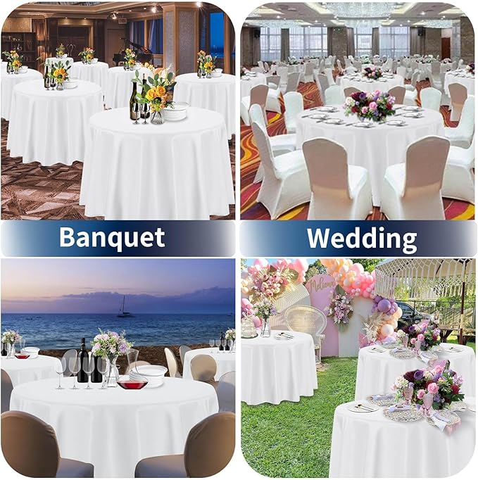 PureFit 10 Pack Round White Table Cloths 120 Inch for Round Tables, Stain and Wrinkle Resistant Table Linens for Home Use, Wedding, Party, Banquet and Camping