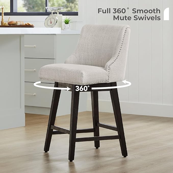 CHITA Counter Height Swivel Bar Stools Set of 3, FSC Certified Upholstered Counter Stools, Modern Swivel Barstools with Wood Legs for Kitchen Island, 26" Seat Height, Fabric in Ivory