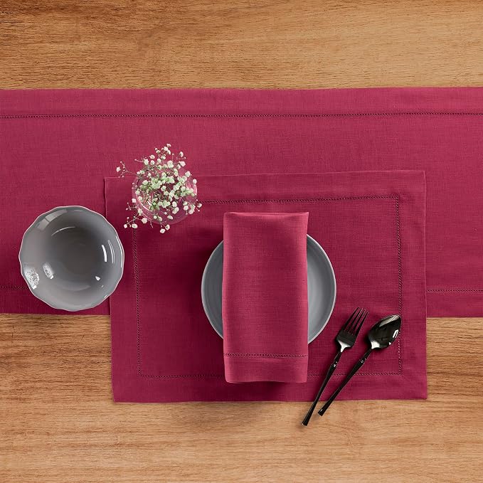 Solino Home 100% Pure Linen Dining Table Runner Beet Hemstitch, 14 x 120 in | - Image 3