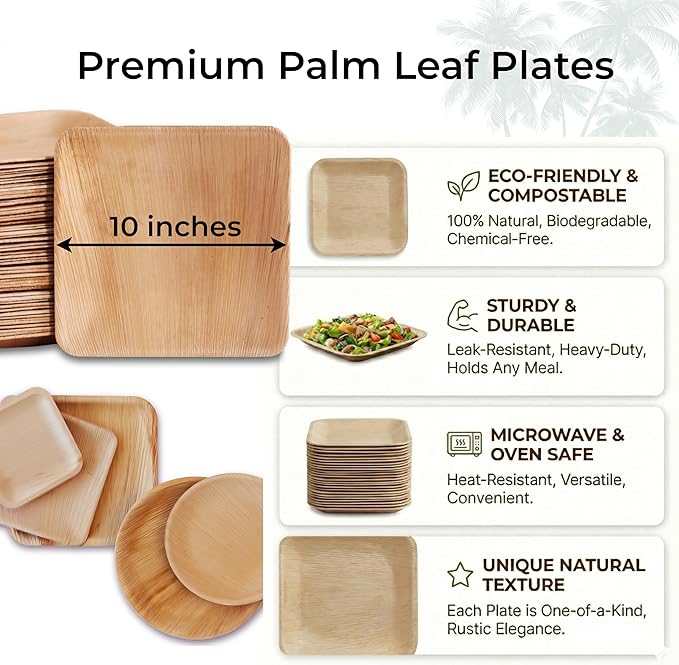 Indie Palm Disposable Palm Leaf Plates – 100 Pack 10 Inch Square – Heavy Duty, 100% Compostable & Biodegradable – Eco-Friendly Alternative to Plastic & Bamboo – Perfect for Parties & Events