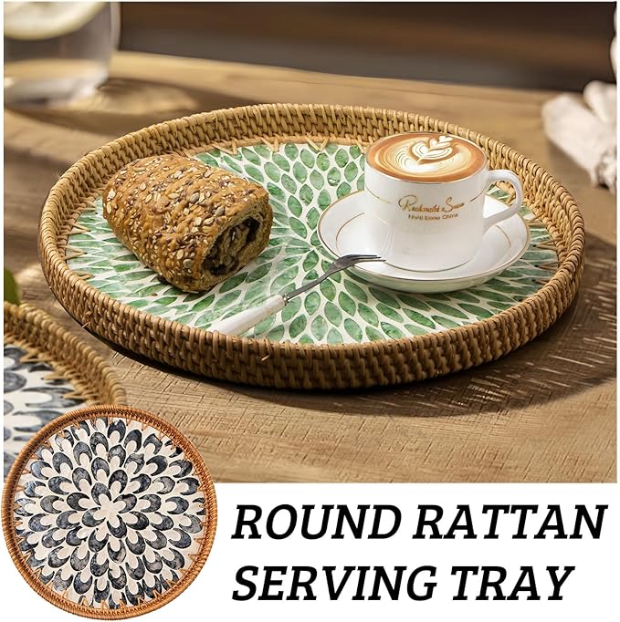 Round Rattan Tray with Mother of Pearl Inlay, Wooden Base | Coffee Table - Image 4