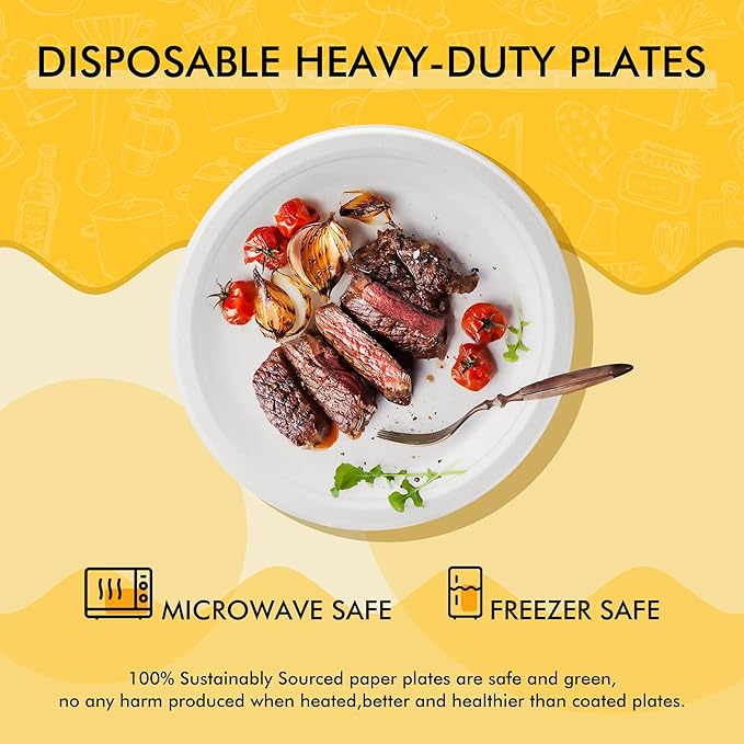 RACETOP Disposable Compostable Paper Plates 9 Inch [125 Pack], White Bagasse, Heavy-Duty Biodegradable Paper Plates, Eco-Friendly, Made of Natural Sugarcane Fibers