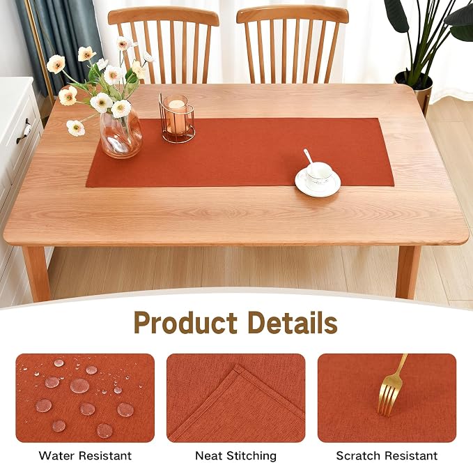 Faux Linen Small Table Runner Water Resistant 13 x 36 in, Rust | Farmhouse - Image 3