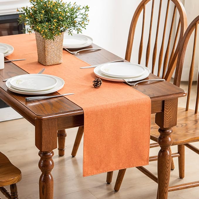 Table Runner 13 x 72 Inches Long, Cotton Linen Farmhouse Style Orange Table Linen for Kitchen Dining Coffee Table Parties Wedding Home Decor (Fall-Orange, 13” x 72”)