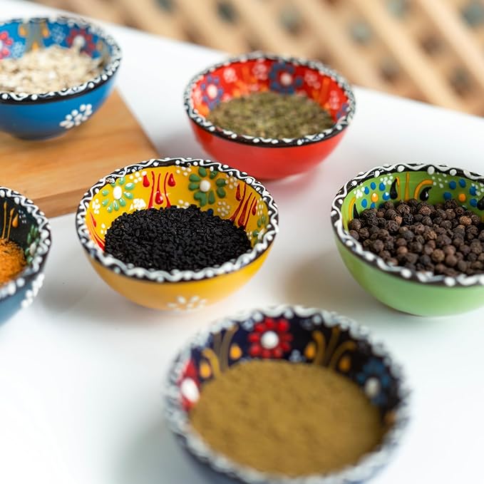 Ceramic Small Dipping Bowls Set of 6, 3.5 Oz Soy Sauce Dish, Handmade Charcuterie, Colorful Pinch, Dishwasher & Microwave Safe, 3.2'' Mini (SULTAN'S GARDEN)