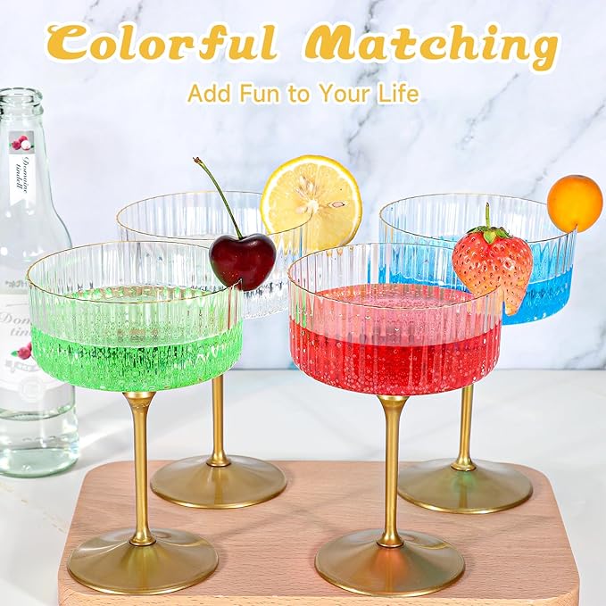 XUWAIDSGN 24 Pcs Champagne Martini Glasses 9 Oz with Gilded Removable Gold Rim Coupe Glasses Pink Martini Glasses Plastic Mimosa Vintage Coupe Glasses Set For Wedding Anniversary (24, Ribbed Gold)