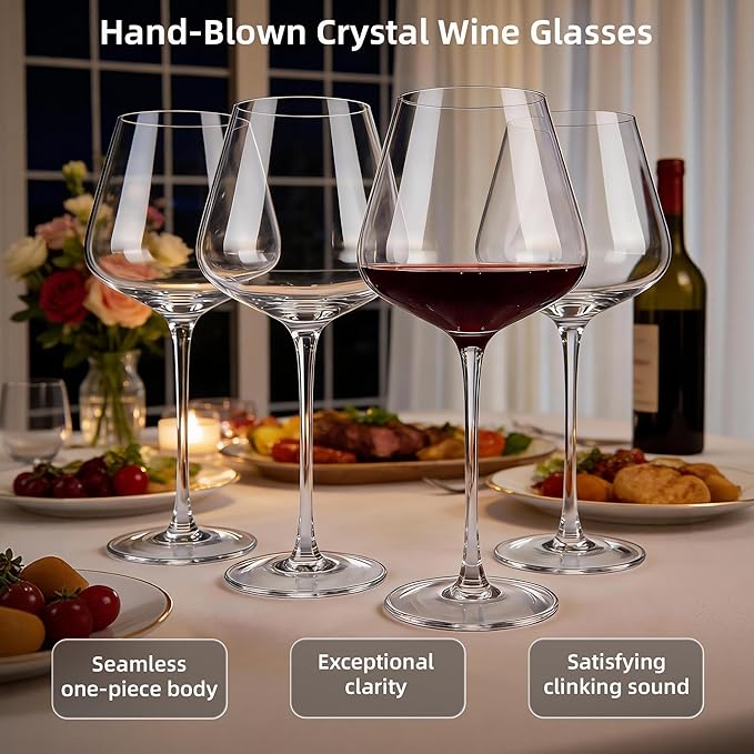 Wine Glasses Set of 4, 18OZ Large Crystal Red Wine Glasses, Hand Blown Vintage Wine Glasses with Thin Rim, Large Bowl, Long Stem, Gifts for Wedding, Valentine's Day, Housewarming, Birthday