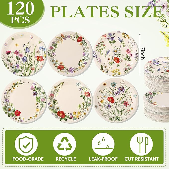 Umigy 120 Pcs Vintage Wild Floral Paper Plates 7 Inch Floral Plates, Fall Summer Flower Dinner Tableware Watercolor Flower Tea Party Dessert Tableware for Birthday Wedding Baby Bridal Shower Party