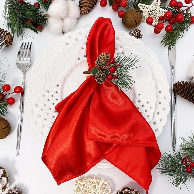 WINGFISH Christmas Napkin Rings Set of 12 Snowy Pine Cone Poinsettia Red Berry Wooden Napkin Rings Christmas Napkin Holders Decor for Xmas Holiday Party Gathering Dinner