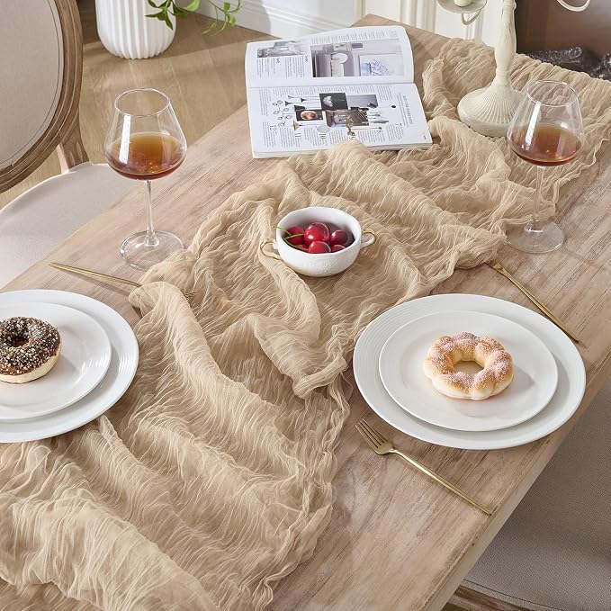 3 Pack Tan Beige Cheesecloth Table Runners, 120 Inch 10Ft Gauze Table Runner - Image 5