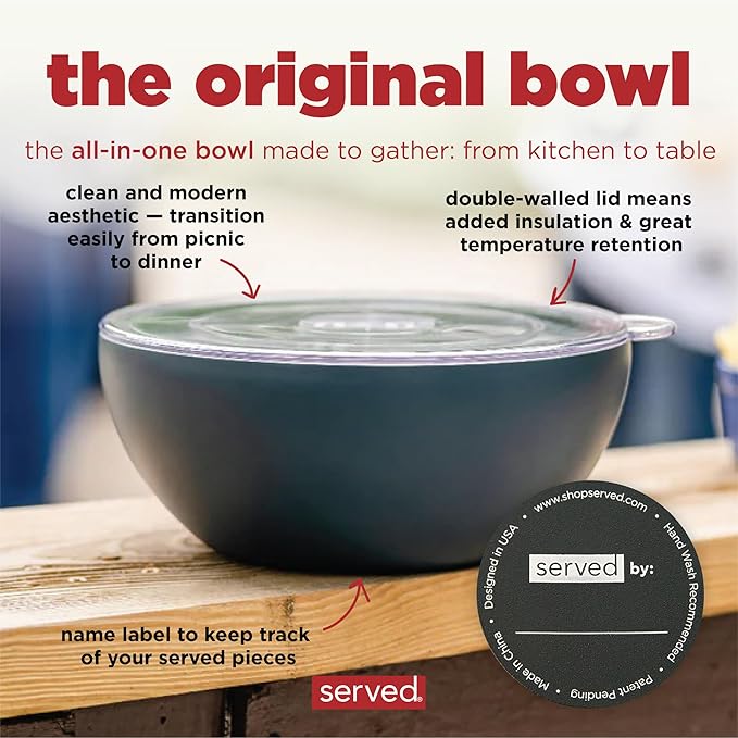 served Large Insulated Serving Bowl with Lid (100oz/3QT) - Double-Walled Stainless Steel Bowl for Hot & Cold Food - Vacuum Insulated, Spill-Resistant Thermal Bowl for Parties, Casseroles, Tailgates