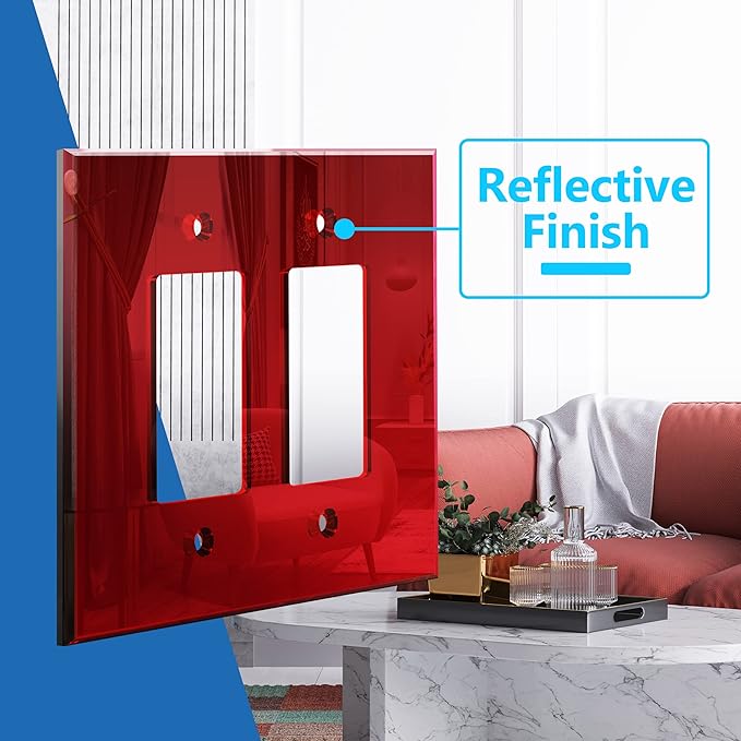 LIDER Reflective Acrylic Decorator Wall Plate, Mirrored Light Switch Plate, Plexiglass Outlet Cover, Acrylic Glass, Oversized 2-Gang 5.25" x 5.25", LWP-32O-ARD5P, Red, 5 Pack