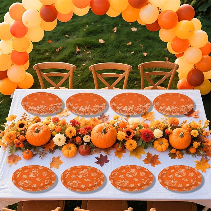 50Pcs Fall Pumpkins Oval Paper Plate Thanksgiving Plate 10" X 12" Large Disposable Heavy Duty Burnt Orange Pumpkin Autumn Leaves Platter for Terracotta Fall Harvest Thanksgiving Party Decoration