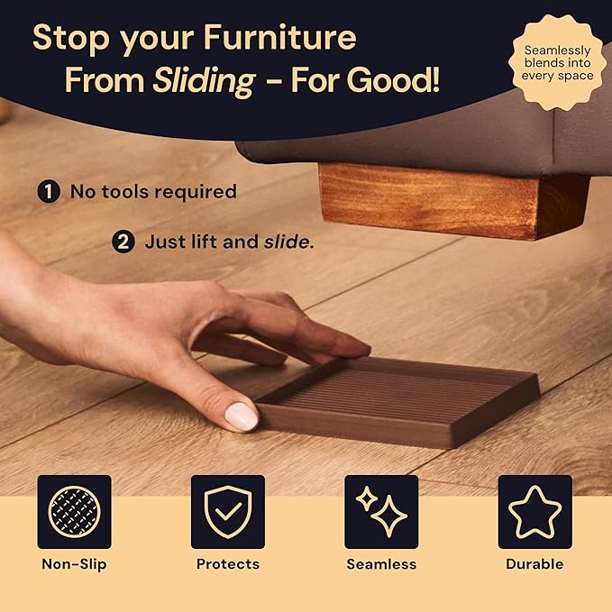 CasterMaster Rubber Feet Non-Slip Furniture Pads Square - 3 x 3 in Brown 8-Pack - Floor Protectors for Chairs & Hardwood Floors - Keep Furniture from Sliding