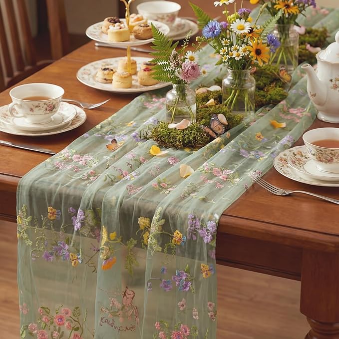 Sage Green Floral Table Runner 10ft Embroidery Tulle Spring Wildflower Table by Windkream