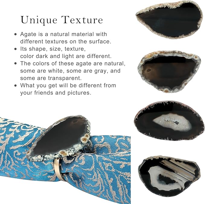 CozyTower Agate Napkin Rings Set of 4, Gold Napkin Holders for Cloth Napkins, Unique Wedding Decorations Napkin Ring Kitchen Accessories for Dinner Party (Black Agate)