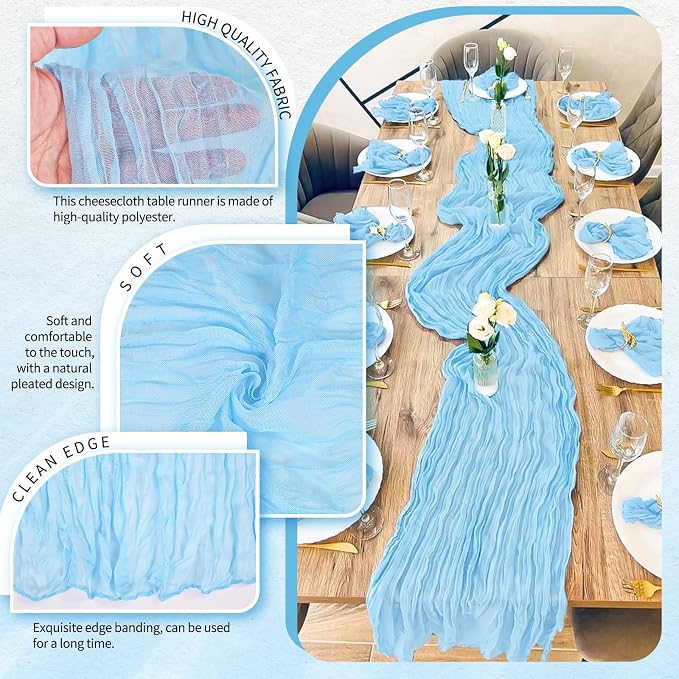 Showgeous 2 Pack Baby Blue Cheesecloth Table Runners Boho Wedding Decor | - Image 3