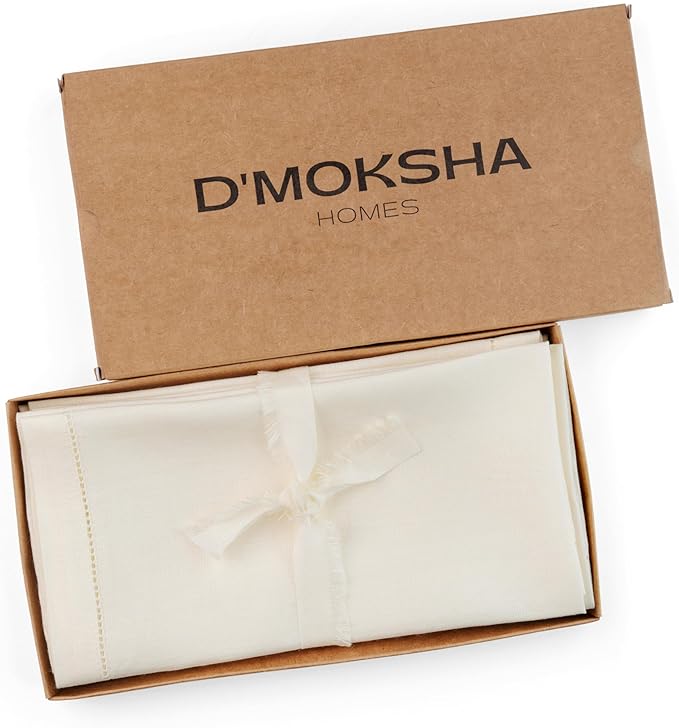 D'Moksha Homes Ivory Linen Napkins Set of 4 - Classic Hemstitch 100% Pure Linen Hemstitch Dinner Napkins 20 x 20 Inch for Valentines, Spring, Easter - Handcrafted and Machine Washable
