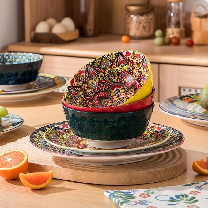 Henten Home Ceramic 12 Pieces Dinnerware Sets, Bohemia Dinner Plates, Soup Bowls, Porcelain Dinnerware Set for 4, Microwave & Dishwasher Safe, Scratch Resistant