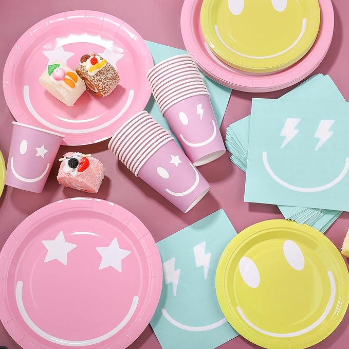 Kochorie 96 Piece Preppy Smiley Face Party Paper Plates Preppy Smile Face Party Decorations Preppy Tableware Set Paper Smile Face Plates Cups Napkins Cutlery Serve 24 Guest for Birthday or Baby Shower