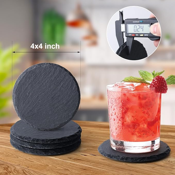 Slate Coasters Set of 36,4-Inch Black Round Stone Drink Coasters with Scratch-Resistant Backing, Durable Tabletop Protection for Home Office Kitchen, Ideal Housewarming Wedding Gifts