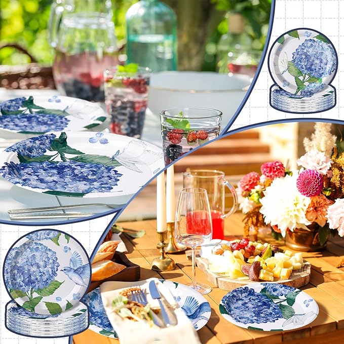 48 Pcs Hydrangea Paper Plates Set 9" 7" Summer Watercolor Disposable Plates Decorative Dinner Birthday Party Tableware for Baby Shower Party Supplies