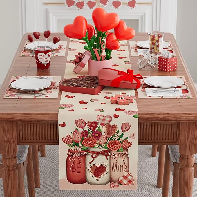 XCHI Roses Flowers Love Hearts Vase Valentine’s Day Table Runner Table Decoration for Party Home Kitchen Dining Dinner Holiday Decor 13x60 Inch