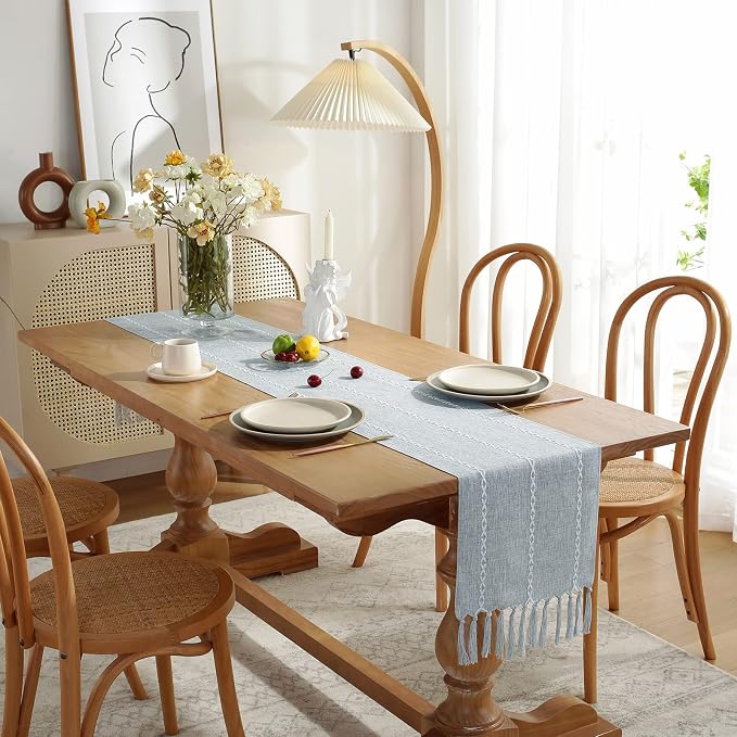 Wracra Rustic Linen Table Runner, Dusty Blue Table Runners 36 inches Long | - Image 3
