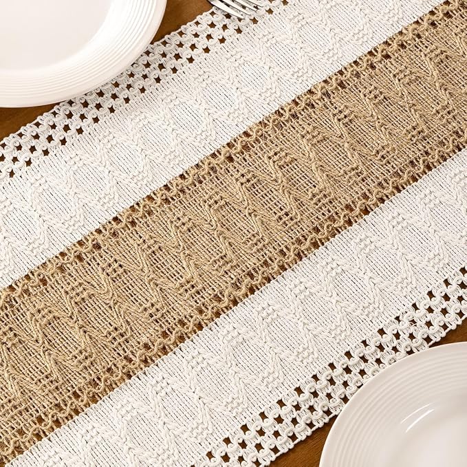 Ivory & Burlap Boho Table Runner Farmhouse Woven Table Runner 12x72 Inch | - Image 6