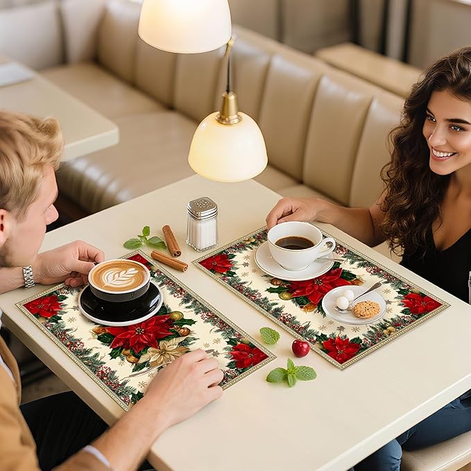 Christmas Poinsettias Placemats Set of 4 Washable Table Place Mats for Dining Kitchen Party Decor