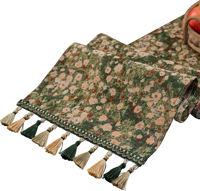 Ditsy Floral Table Runner Daisy Green 13 x 94 Inch | Jacquard Weave Pattern by HomeyHo