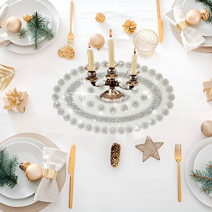 Sparkling Silver Diamond Placemats Bling Oval Place Mat Heat Elegant Table Decor for Weddings, Holidays, and Special Events (15x9 Inch)-12 PCS