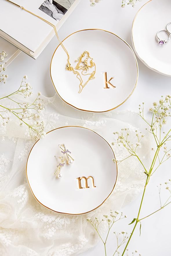 COLLECTIVE HOME - Ceramic Jewelry Tray, Decorative Trinket Dish for Rings Earrings Necklaces Bracelet Watch Keys, Birthday Mother's Day Christmas Gift for Women, 4.75", White Surface (Y)