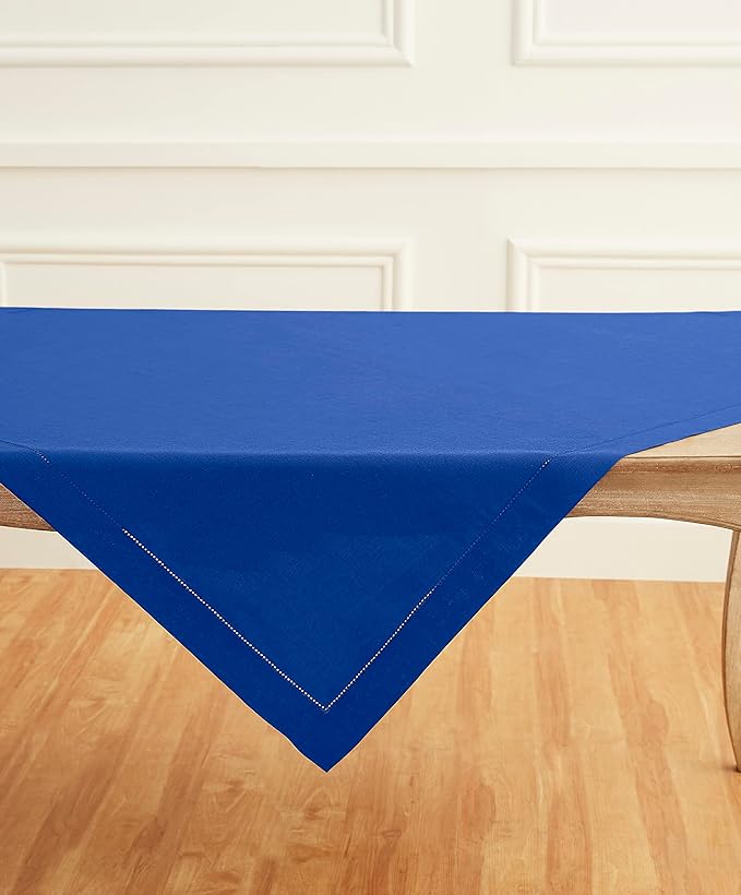 Solino Home Linen Square Tablecloth 52 x 52 Inch - 100% Pure Linen Royal Blue Table Throw - Classic Hemstitch, Machine Washable Table Cloth for Spring