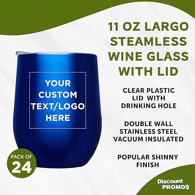 Custom Stemless Wine Glass Tumblers with Lids by Largo 11 oz. Set of 24, Personalized Bulk Pack - Perfect for Wine, Cocktails, Other Hot & Cold Beverages - Blue