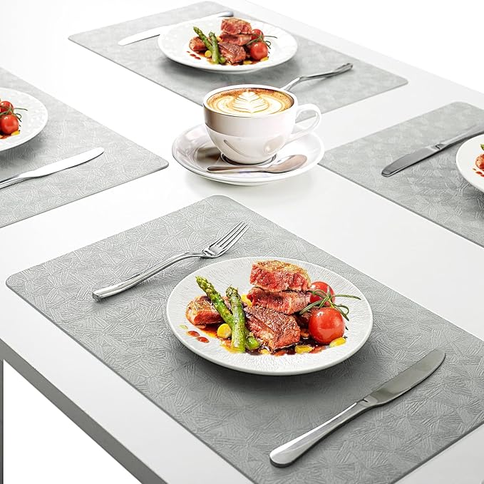 Vinyl Placemats Set of 4 Faux Leather 100% Waterproof Wipeable Washable Place Mats Heat Resistant Easy Clean Non-Slip Table Mats for Indoor Outdoor. (4, Light Gray)