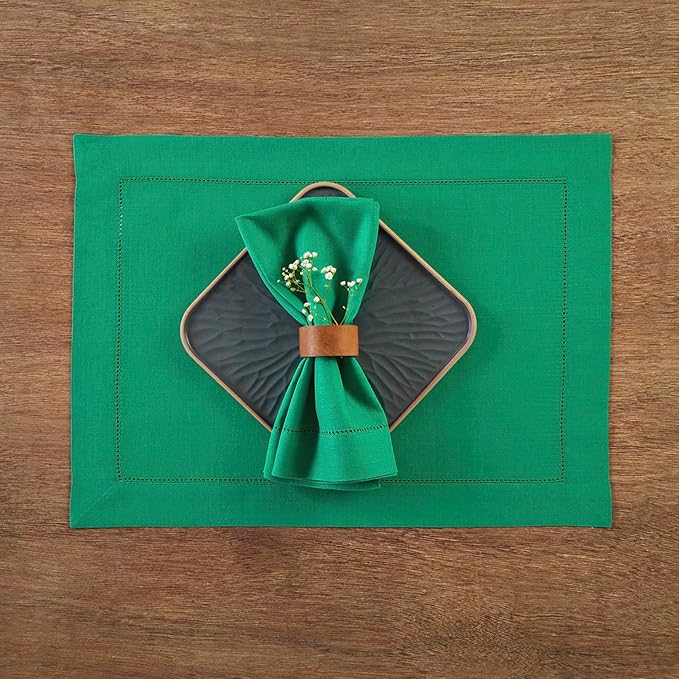 Solino Home Linen Cloth Placemats Set of 4-100% Pure Linen Hemstitch Emerald Green Placemats 14 x 19 Inch - Classic Hemstitch Table Place Mats for St Patricks Day