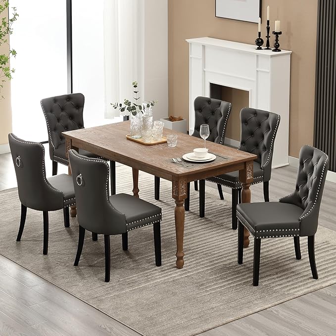 KCC Faux Leather Dining Chairs Set of 4, Upholstered High-end Tufted Dining Room Chair with Nailhead Back Ring Pull Trim Solid Wood Legs, Contemporary Nikki Collection Modern Style for Kitchen, Gray