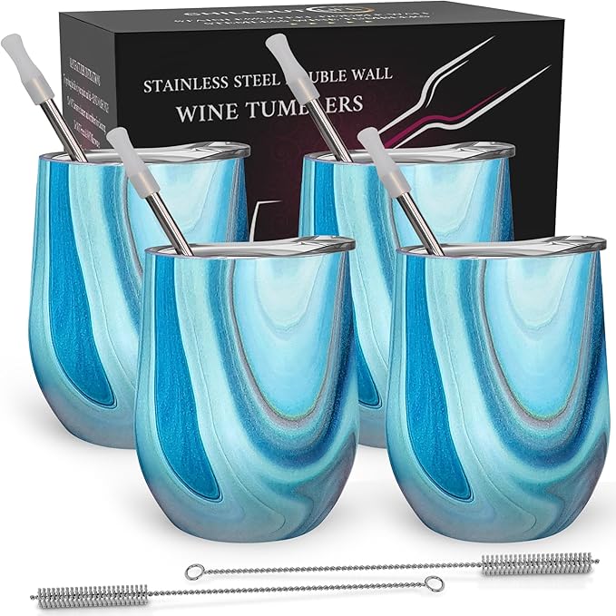 CHILLOUT LIFE 12 oz Stainless Steel Wine Tumblers 4 Pack - Double Wall Vacuum Insulated Wine Glasses Cups with Lids and Straws Set Keeping Cold & Hot for Coffee, Beer, Ice Cream - Ocean Marble Pattern
