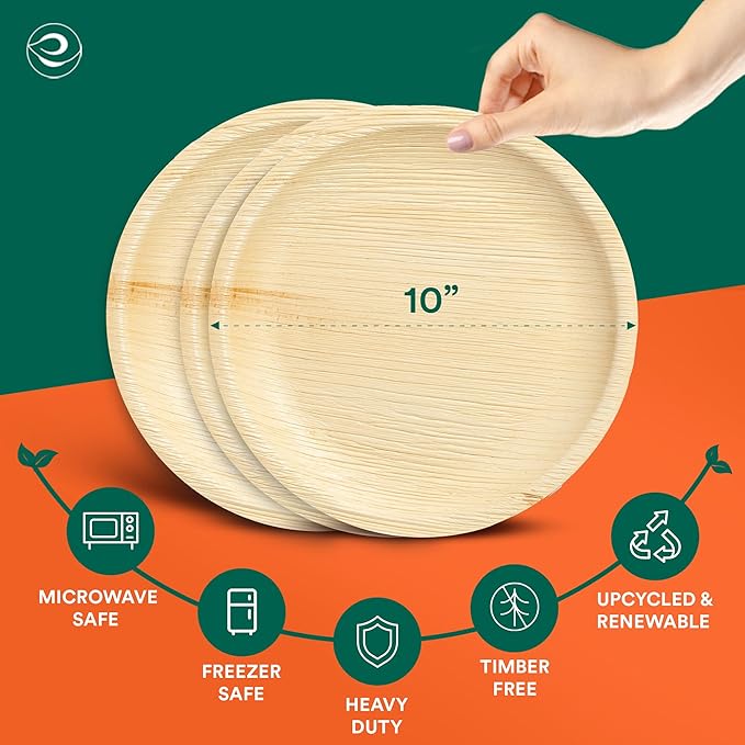 ECO SOUL Palm Leaf Disposable Bamboo Plates 10" Round Compostable & Biodegradable Party Plates for Dinner, Weddings, Parties & Events 50 Count