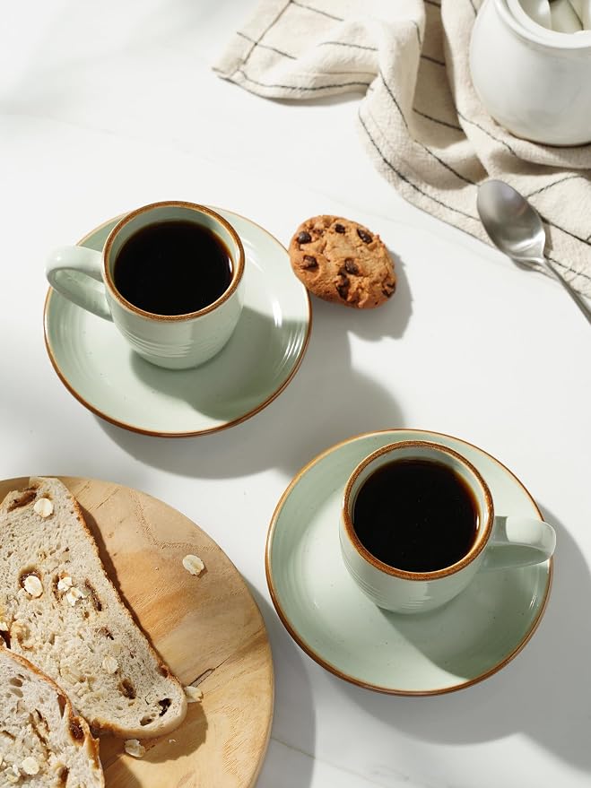 famiware 3oz Espresso Cups and Saucers, Light Green | Ceramic Small Coffee Mug - Image 6