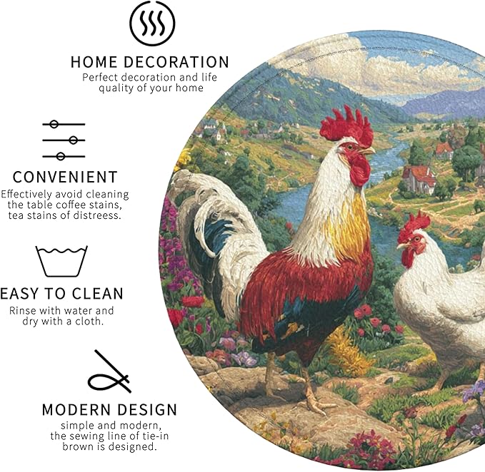 Rooster Coasters Leather Round Drink Coasters 6 Pcs Set with Holderor for Cup Drink Coffee Table Bar Home Decor