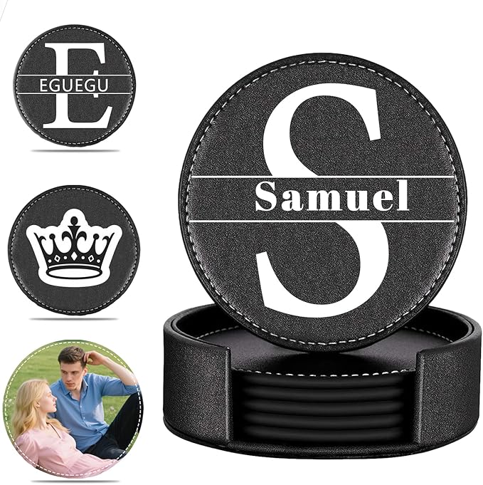 Personalized Coasters, Custom Set of 6 Leather Coaster for Drinks with Holder, DIY Customized Name, Logo, Text，Non-Slip, Heat Resistant, Waterproof for Coffee Table Bar Wine Cup Housewarming