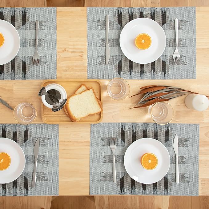 Winknowl Placemats Set of 6, Heat Resistant Stain Resistant Woven Vinyl Insulation Place mats, Durable Washable Elegant Table Mats for Kitchen Dining Table Decor (Geometric Gray)
