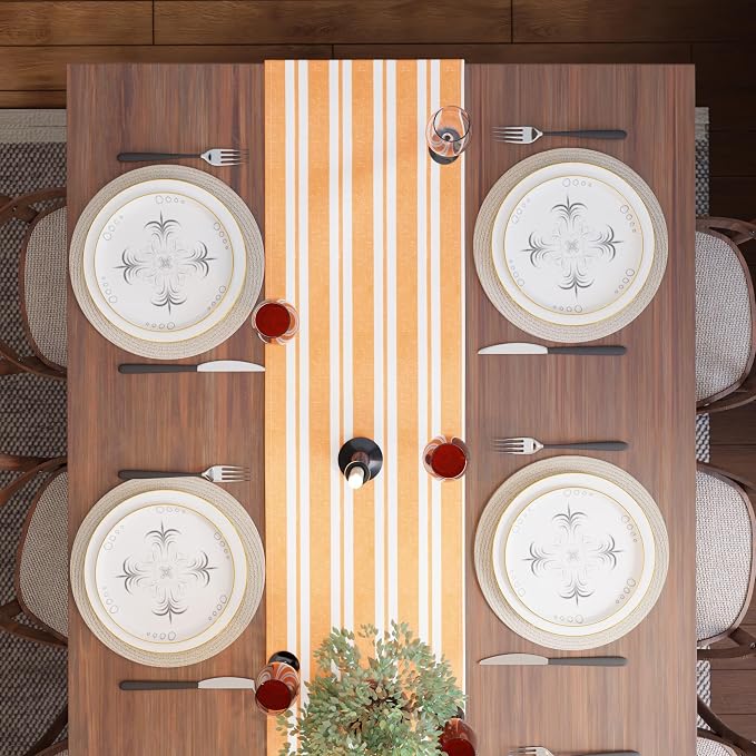 Encasa XO Table Runner, Woven Cotton Dining Runner 13"x59" Franca Yellow Stripes - Image 5