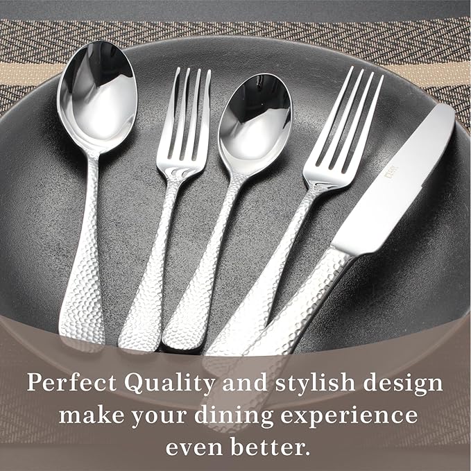 20-Piece Forged Hammered Stainless Steel Flatware Cutlery Set for 4, SXY INOX Shape of Water Drop Includes Dinner Knives/Forks/Spoons,Tea Spoons, Salad Forks, Mirror Polished - Dishwasher Safe