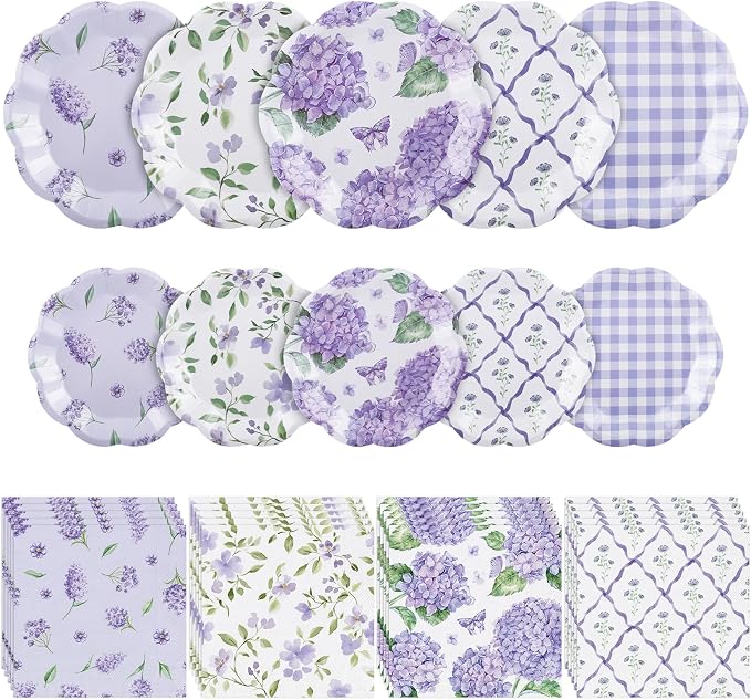 NatNarr 50 Set Purple Hydrangea Plates and Napkins Lavender Party Decor | 9" by NatNarr